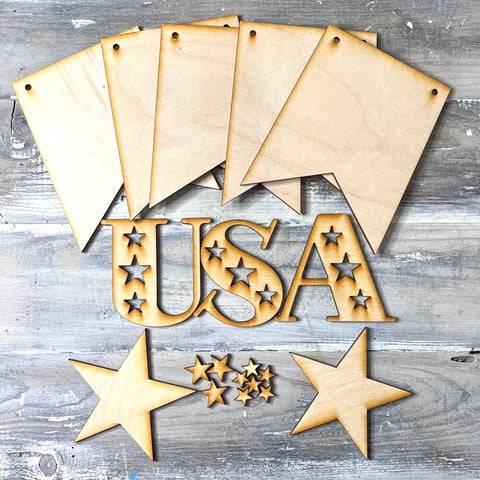 Unfinished Wood Pennant Banner Cutouts with USA - Free Shipping